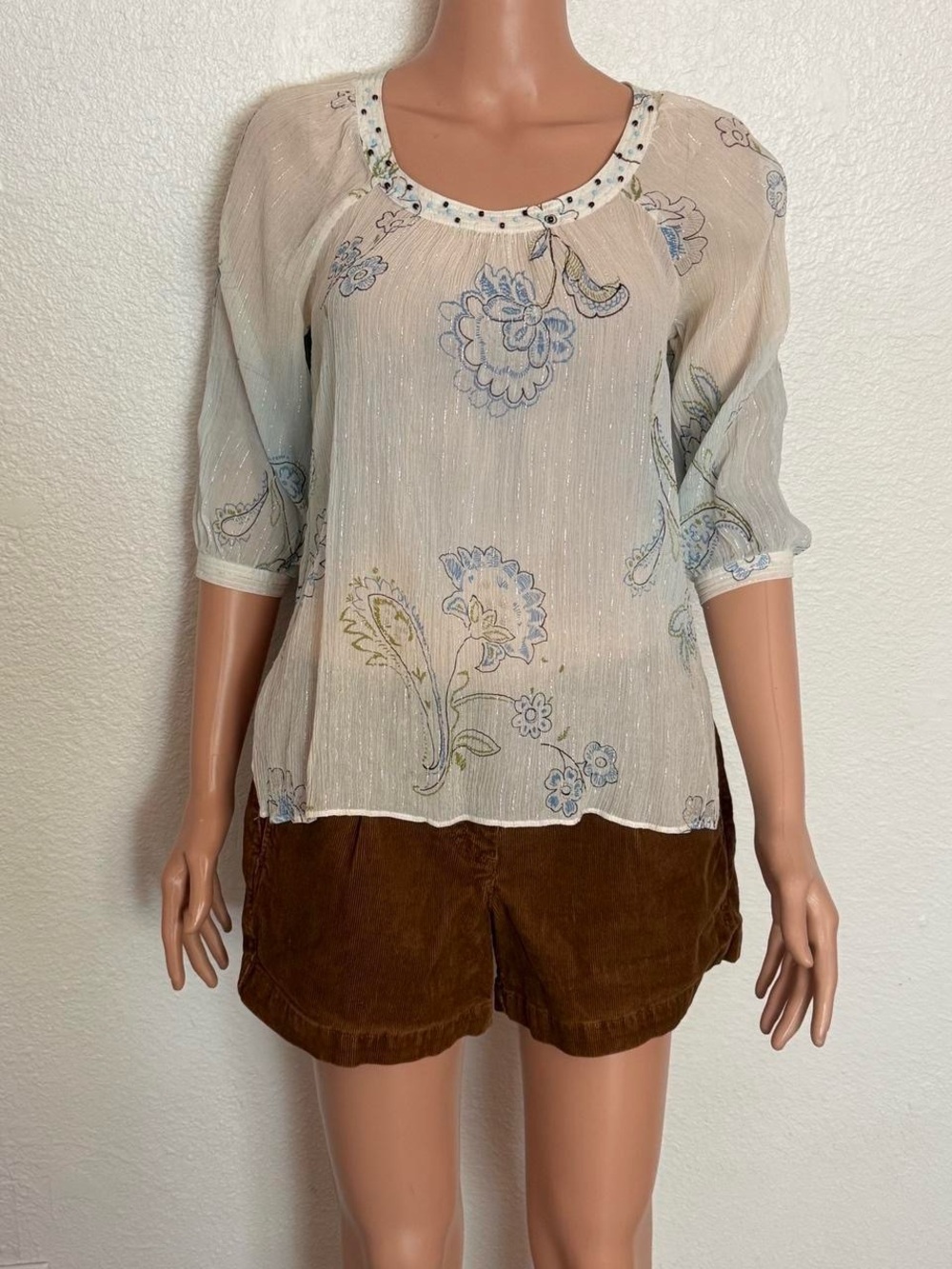 2000s Sheer Cream Blue Silver Paisley Silk Blouse sz Small Petite